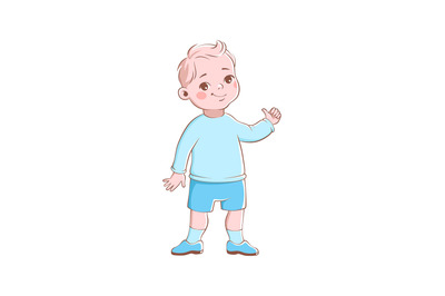 Cartoon preschool boy. Cute blond child character in blue clothes stan