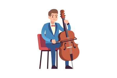 Cellist performance. Classic male musician character in blue dress wit