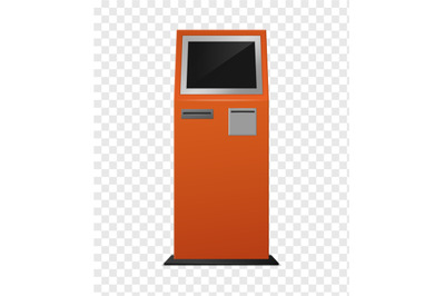 Payment terminal. Realistic Atm orange colored kiosk front view&2C; autom