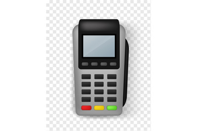 Realistic payment terminal. Contactless Pos terminal front view&2C; finan