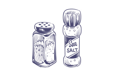 Salt shaker. Glass bottles salting powder and crystals hand drawn sket