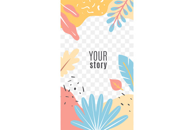 Stories floral cover. Bright tropical palm leaves with copy space in p