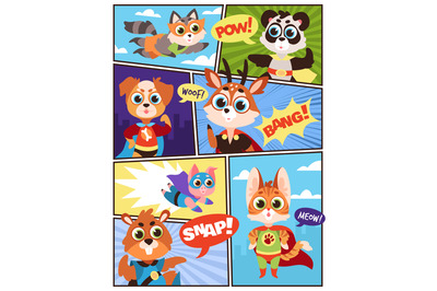 Comic super animals. Comics storyboard with funny costumed masked beas