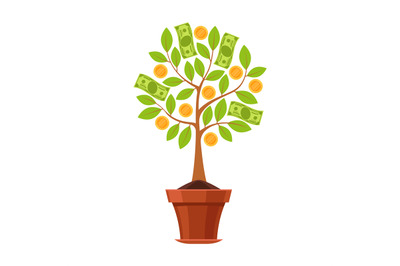 Financial plant. Green tree in pot with leaves, golden flowers coins a