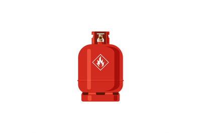 Gas cylinder. Red Lpg propane container with fire icon, tank with indu