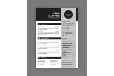 Professional resume letterhead. Black and white cv template, customiza