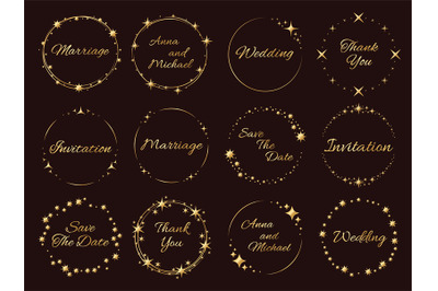 Stardust golden frames. Wedding invitations inscriptions&2C; stars and sp