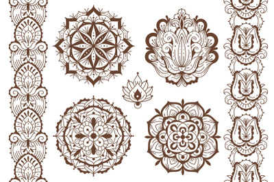 Mehndi elements. Ethnic temporary henna tattoo elegant brown ornaments