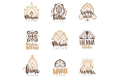 Mehndi beauty salon emblems. Mandala henna tattoo studio, indian ethni