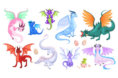 Fairy dragons. Fantasy colorful creatures&2C; medieval magic fairy tails