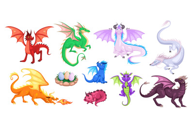 Magic dragons. Fantasy funny creatures&2C; big flying fairy animals&2C; fire