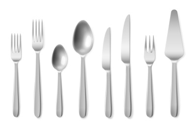 Realistic cutlery. 3d silverware clean closeup top view collection&2C; st