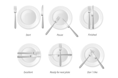 Dining etiquette. White porcelain plates with silverware, restaurant r