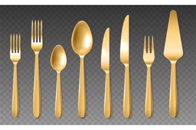 Realistic golden cutlery. Luxury spoons, knives and forks, yellow meta