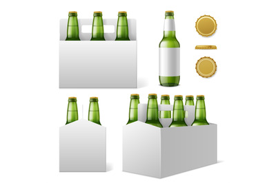 Beer bottles six pack. Realistic 3d green bottle with blank labels&2C; sp