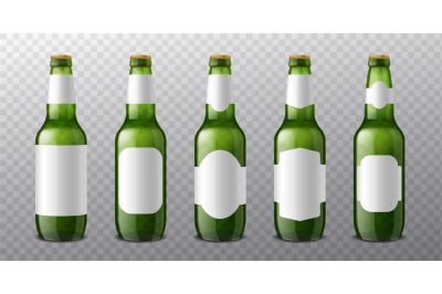 Beer bottle labels. 3d realistic green glass bottles with different bl