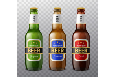 Realistic different colors beer bottles. 3d glass drinks containers fo