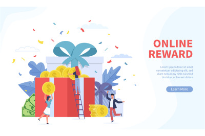 Online reward landing page. Tiny people receives different gift boxes