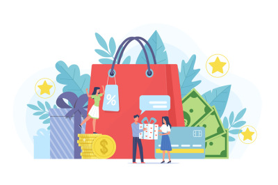 Loyalty program. Marketing customer service, tiny people and gifts, bo