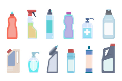 Detergent bottles. Cleaning supplies in plastic containers, bleach and