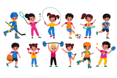 Sport kids. Children with sports attributes, boys and girls with diffe