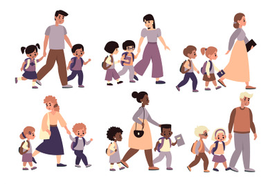 Parents with children walk set. Moms and dads hold hands and accompany