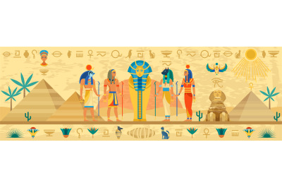 Ancient Egypt. Egyptian mythology storyline, hieroglyphic frame, relig