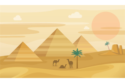 Egypt desert landscape. Egyptian pyramids with camels, African sand du