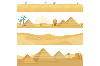 Desert landscape seamless borders. Sand dunes, Egyptian landmarks elem