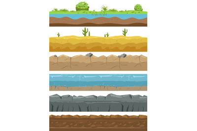 Seamless landscape borders. Ground types endless background, game envi