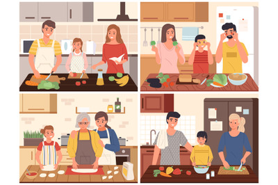 Family cooking. Happy parents and children cook food on kitchen collec