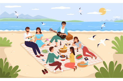 Sea picnic. Young happy people drink and eat on beach, friends relax a