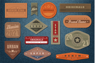 Denim labels. Graphic leather badge and textured background, authentic