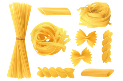 Italian pasta types. Realistic 3d dry spaghetti, penne, and homemade t