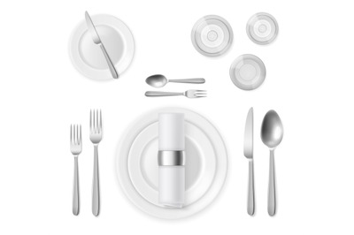 Table setting top view. Realistic 3d silver cutlery and white plates,