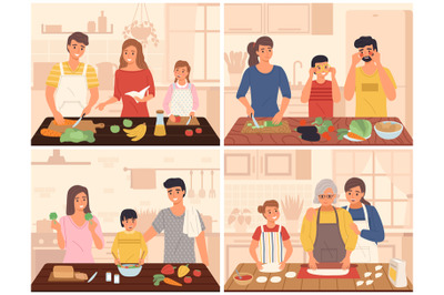 Family cooking. Mother, father and children in kitchen, food preparati