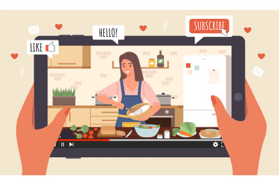Cooking Live Streaming. Hands hold tablet with video, blogger prepares