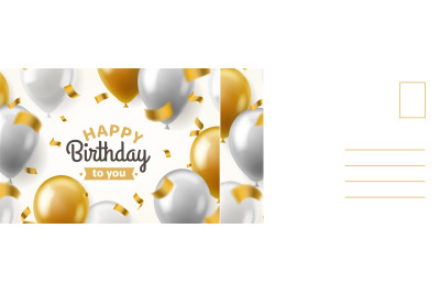 Happy birthday postcard. Holiday card with realistic golden and silver