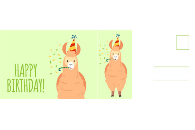 Happy birthday postcard. Holiday card with cute llama in festive cone