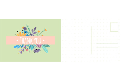 Thank you postcard. Grateful card with bright leaves branches and flow