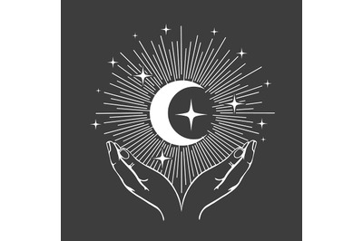 Hands and Crescent Moon with Stars Esoteric Illustration