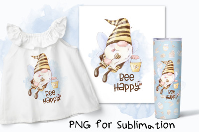 Bee Happy Gnome sublimation. Design for printing.