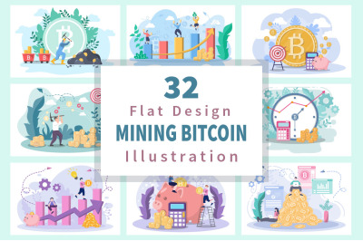 32 Mining Bitcoin Cryptocurrency Flat Design