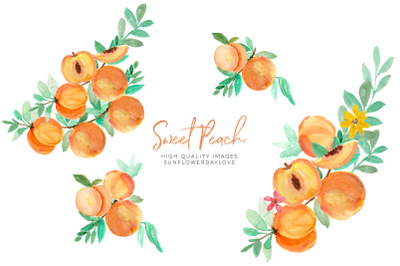 Summer peaches clipart&2C; Greenery peaches&2C; peach fruit&2C; clip art DIY&2C;