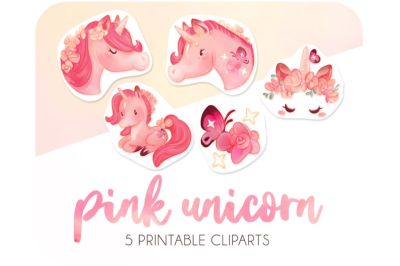 5 Digital Unicorn stickers Pink Unicorn
