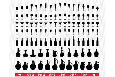 SVG Wine glasses, Bottles, Pitchers, Bowls, Black silhouette, Digital