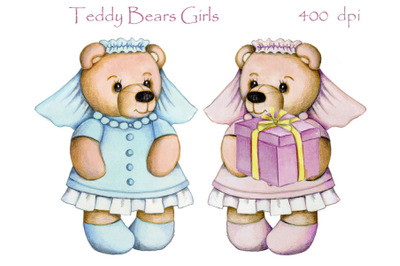 Teddy Bears Girls. Watercolor art.