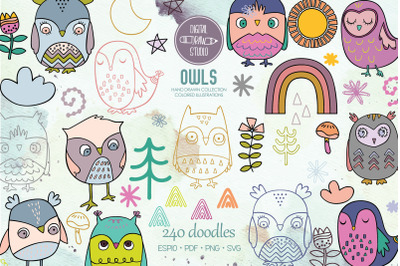 Owl Color Doodles | Hand Drawn Bird, Sun, Rainbow, Moon, Flowers