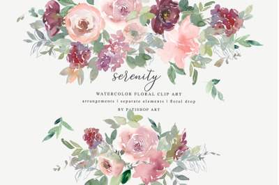Watercolor Blush Burgundy Floral Clipart Set