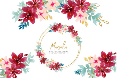 Watercolor Marsala Flowers Clipart&2C; Watercolor Flowers clipart